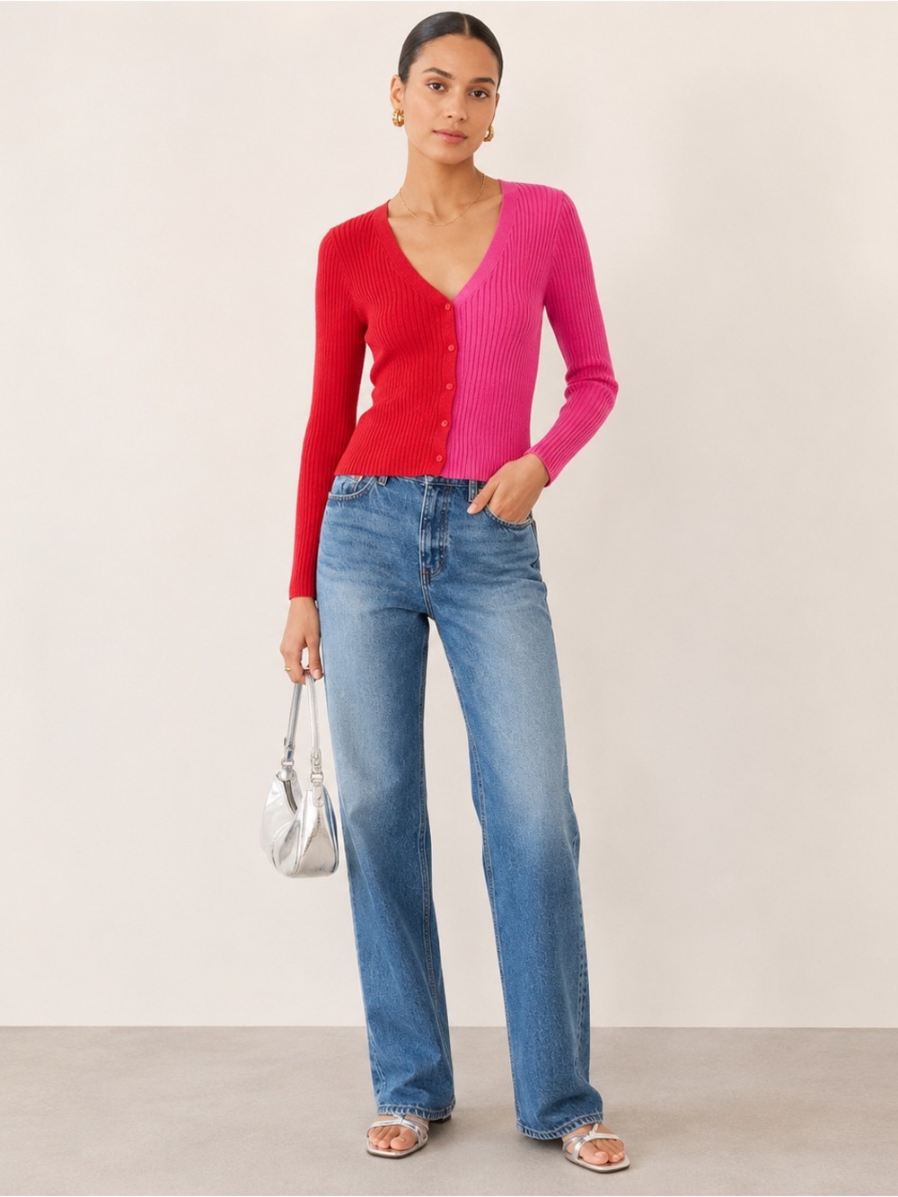 STAUD‎ Cargo Metallic Rib Knit Sweater Cardigan Lava/Peony S